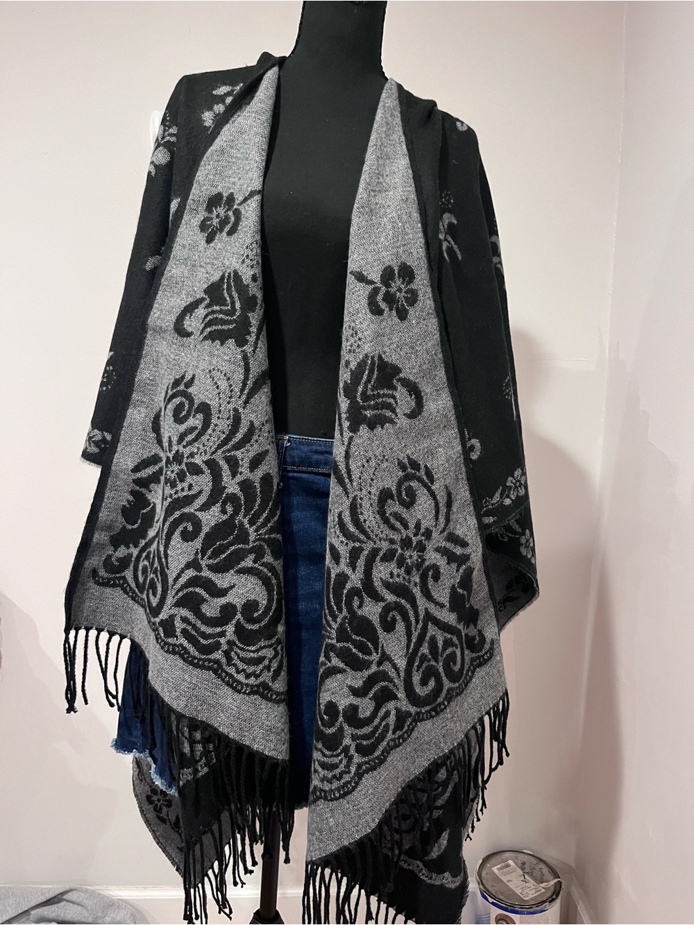 Black & Gray Floral Fringe Poncho Style Wrap Shawl